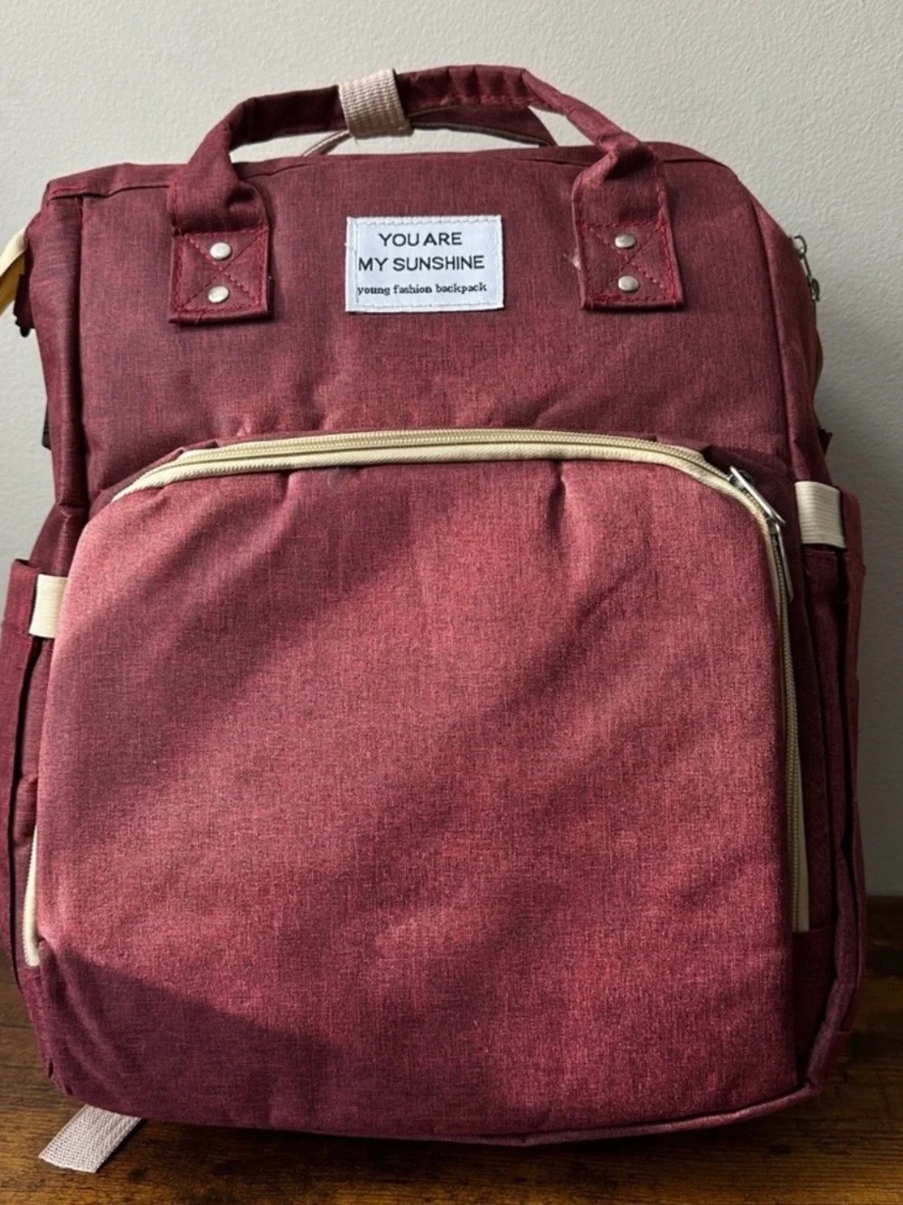 You Are My Sunshine Young Fashion Diaper Bag Backpack Burgundy Multi Pockets